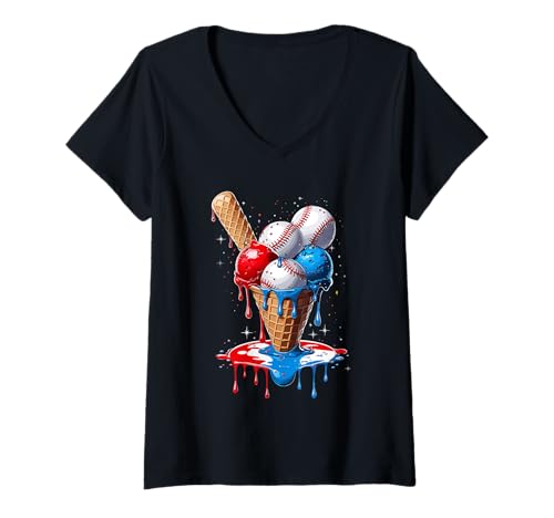 Damen 4. Juli Rot Weiß und Blau Baseball Ice Cream Drip Boys T-Shirt mit V-Ausschnitt von Ice Cream Drip Baseball Bat Fans Design Apparel