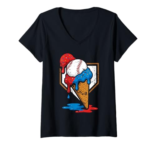 Damen 4. Juli Rot Weiß und Blau Baseball Ice Cream Drip Boys T-Shirt mit V-Ausschnitt von Ice Cream Drip Baseball Bat Fans Design Apparel