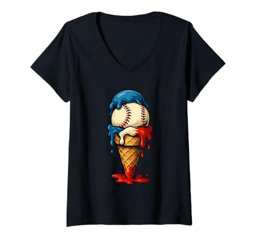 Damen 4. Juli Rot Weiß und Blau Baseball Ice Cream Drip Boys T-Shirt mit V-Ausschnitt von Ice Cream Drip Baseball Bat Fans Design Apparel