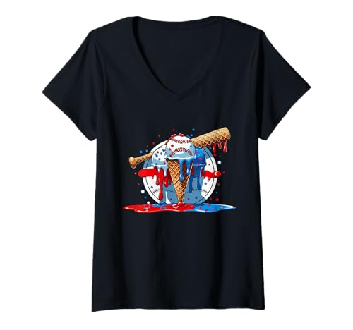 Damen 4. Juli Rot Weiß und Blau Baseball Ice Cream Drip Boys T-Shirt mit V-Ausschnitt Damen 4. Juli Rot Weiß und Blau Baseball Ice Cream Drip Boys T-Shirt mit V-Ausschnitt von Ice Cream Drip Baseball Bat Fans Design Apparel