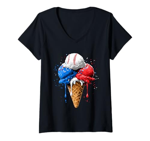 Damen 4. Juli Rot Weiß und Blau Baseball Ice Cream Drip Boys T-Shirt mit V-Ausschnitt von Ice Cream Drip Baseball Bat Fans Design Apparel