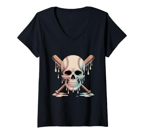 Damen Halloween Skull Baseball Ice Cream Drip für Jungen, Jugend, Kinder, Herren T-Shirt mit V-Ausschnitt Damen Halloween Skull Baseball Ice Cream Drip für Jungen, Jugend, Kinder, Herren T-Shirt mit V-Ausschnitt von Ice Cream Drip Baseball Bat With Halloween