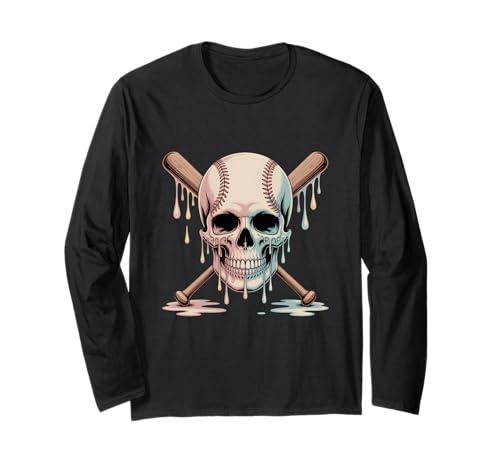 Halloween Skull Baseball Ice Cream Drip für Jungen, Jugend, Kinder, Herren Langarmshirt von Ice Cream Drip Baseball Bat With Halloween
