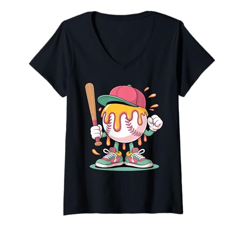 Damen Lustiges Baseball-Motiv mit Eiscreme-Motiv T-Shirt mit V-Ausschnitt von Ice Cream Drip Bat Graphic Baseball Ball
