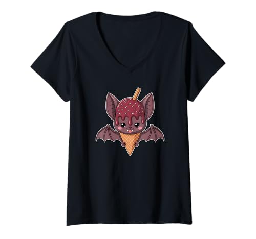 Damen Eiscreme Chibi Fledermaus Spaß Sommer Süßigkeiten Dessert Tropfen T-Shirt mit V-Ausschnitt Damen Eiscreme Chibi Fledermaus Spaß Sommer Süßigkeiten Dessert Tropfen T-Shirt mit V-Ausschnitt von Ice Cream Drip Cute Bat Waffle Cone Tee