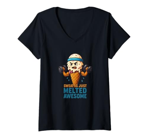 Damen Cool Gym Ice Cream with Sweat ist einfach geschmolzen Fantastische Rede T-Shirt mit V-Ausschnitt Damen Cool Gym Ice Cream with Sweat ist einfach geschmolzen Fantastische Rede T-Shirt mit V-Ausschnitt von Ice Cream Outfit