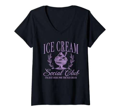 Damen Ice Cream Social Club I'm Just Here for The Ice Cream Zitat T-Shirt mit V-Ausschnitt Damen Ice Cream Social Club I'm Just Here for The Ice Cream Zitat T-Shirt mit V-Ausschnitt von Ice Cream T-Shirt Co.