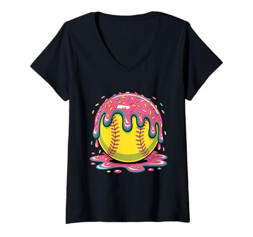 Damen Softball Drip Ice Cream Sprinkles Softball Women Kids Girls T-Shirt mit V-Ausschnitt Damen Softball Drip Ice Cream Sprinkles Softball Women Kids Girls T-Shirt mit V-Ausschnitt von Ice Cream With Sprinkles Softball Drip For Girls