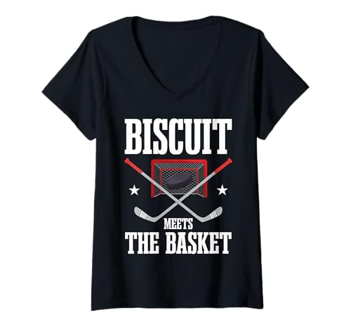 Damen Biscuit Meets The Basket Hockey Torwart Puck Fans T-Shirt mit V-Ausschnitt Damen Biscuit Meets The Basket Hockey Torwart Puck Fans T-Shirt mit V-Ausschnitt von Ice Hockey Goalie Puck Net Biscuit Fanatics