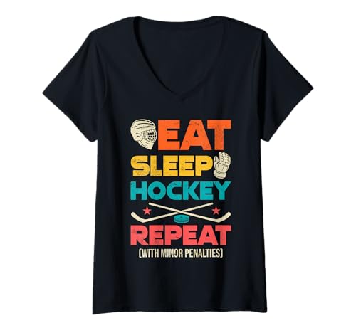 Damen Eat Sleep Hockey Repeat mit kleinen Strafen T-Shirt mit V-Ausschnitt von Ice Hockey Player Fan Ice Rink Team Passion