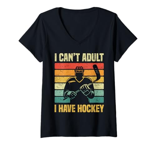 Damen Ich kann Nicht erwachsen, ich Habe einen Hockeyspieler im Retro-Stripes-Stil T-Shirt mit V-Ausschnitt Damen Ich kann Nicht erwachsen, ich Habe einen Hockeyspieler im Retro-Stripes-Stil T-Shirt mit V-Ausschnitt von Ice Hockey Player Vintage Sports