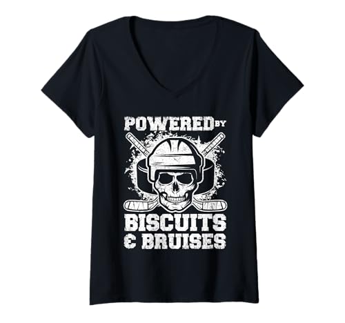 Damen Powered by Biscuits and Prellungen Hockey Skull Puck Sticks T-Shirt mit V-Ausschnitt Damen Powered by Biscuits and Prellungen Hockey Skull Puck Sticks T-Shirt mit V-Ausschnitt von Ice Hockey Skull Puck Sticks Biscuits Bruises