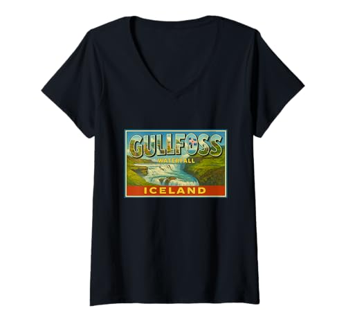 Damen Gullfoss Wasserfall Island Vintage Trip Souvenir Kunst Grafik T-Shirt mit V-Ausschnitt Damen Gullfoss Wasserfall Island Vintage Trip Souvenir Kunst Grafik T-Shirt mit V-Ausschnitt von Ice to Meet You Tees Apparel and Design