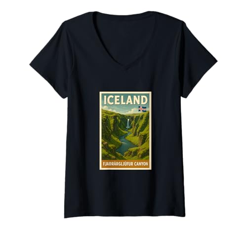 Damen Island Fjadrargljufur Canyon Vintage Souvenir Kunst Grafik T-Shirt mit V-Ausschnitt Damen Island Fjadrargljufur Canyon Vintage Souvenir Kunst Grafik T-Shirt mit V-Ausschnitt von Ice to Meet You Tees Apparel and Design