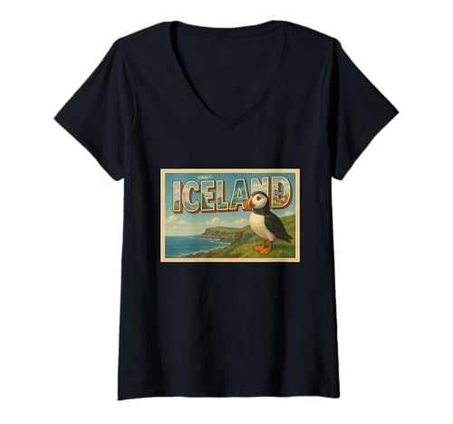 Damen Niedlicher Island-Taucher-Taucher-Taucher-Vintage-Reise-Souvenir Post Art Grafik T-Shirt mit V-Ausschnitt Damen Niedlicher Island-Taucher-Taucher-Taucher-Vintage-Reise-Souvenir Post Art Grafik T-Shirt mit V-Ausschnitt von Ice to Meet You Tees Apparel and Design