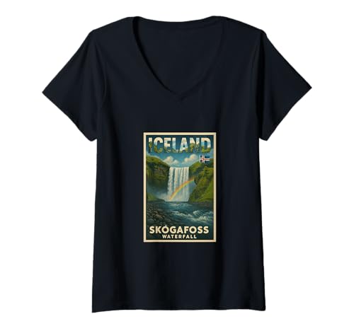 Damen Skogafoss Wasserfall Island Vintage Reise Kunst Grafik T-Shirt mit V-Ausschnitt Damen Skogafoss Wasserfall Island Vintage Reise Kunst Grafik T-Shirt mit V-Ausschnitt von Ice to Meet You Tees Apparel and Design