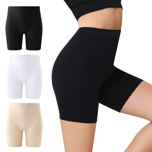 IceCony Radlerhose Damen Kurz für Kleid Hautfarbene Unterwäsche Kurze Boxershorts Leggings Sporthose Schwarz Weiß Beige Hautfarbene Blickdicht Laufhose Reibungslos Outdoor Biker Unterhosen L 3er Pack von IceCony