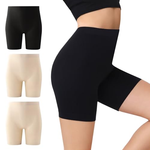 IceCony Radlerhose Damen Kurz für Kleid Kurze Unterm Kleid Boxershorts Leggings Sporthose Schwarz Beige Hautfarbene Blickdicht Reibungslos Tennishose Outdoor Unterhosen Fahrradhose L 3er Pack von IceCony