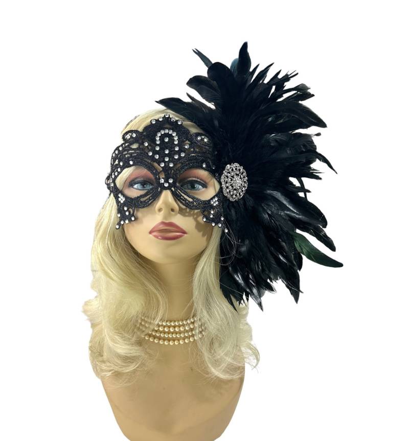 Schwarze Spitze Maskerade Maske Mit Schwarzen Federn, Karneval, Maskenball, Damen Strass Maske, Hochzeit Masken, Braut von IceGreenEyes