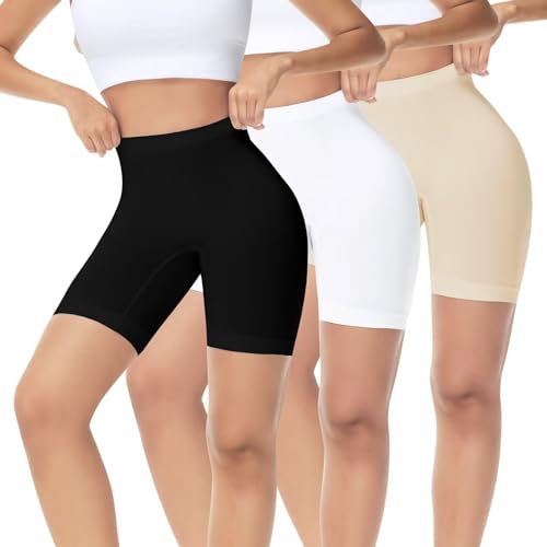 IceReco 3er Pack Radlerhose Damen Kurz für Kleid Baumwolle Boxershorts Leggings Kurze Sporthose Schwarz Weiß Beige Hautfarbene Blickdicht Laufhose Reibungslos Outdoor Biker Unterhosen Fahrrad XXL von IceReco