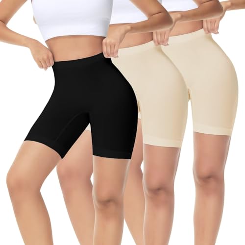 IceReco 3er Pack Radlerhose Damen Kurz für Kleid Kurze Unterm Kleid Boxershorts Leggings Sporthose Schwarz Beige Hautfarbene Blickdicht Trainingshose Reibungslos Biker Unterhosen Fahrradhose XXL von IceReco