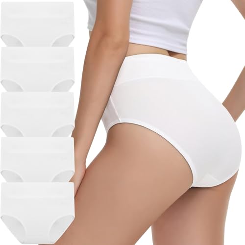 IceReco High Waist Unterhosen Damen Bauchweg Unterhose Damen Baumwolle 5er Pack Unterwäsche Frauen Set Slip Sportunterwäsche Schlüpfer Panties Briefs Underwear Stretch Atmungsaktiv Weich Weiß XL von IceReco