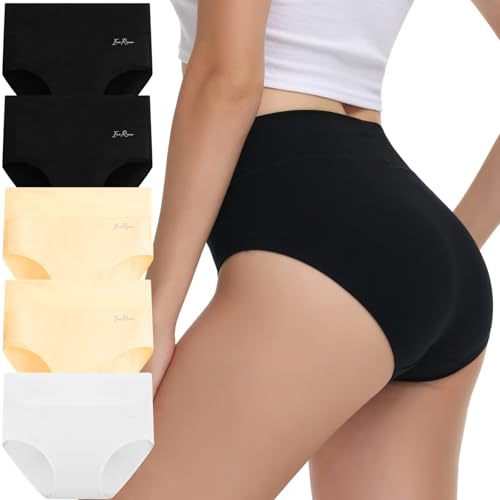 IceReco High Waist Unterhosen für Damen Unterwäsche Frauen Set Baumwolle Slip 5er Pack Sportunterwäsche Schlüpfer Panties Briefs Underwear Atmungsaktiv Weich Schwarz Weiß Hautfarben XL von IceReco