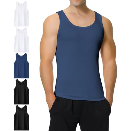 IceReco Unterhemd Herren Sport Feinripp Unterhemd Herren 100% Baumwolle Tanktop Herren 5er Pack Business Unterhemden Herren Schwarz Weiss Blau Achselshirts Herren Muskelshirt 5XL von IceReco
