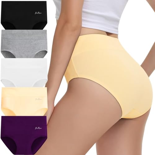 IceReco Unterhosen Damen Bauchweg Unterhose Baumwolle High Waist Unterwäsche Frauen Set 5er Pack Slip Schlüpfer Panties Briefs Underwear Stretch Atmungsaktiv Schwarz Weiß Hautfarben Lila Grau XXL von IceReco