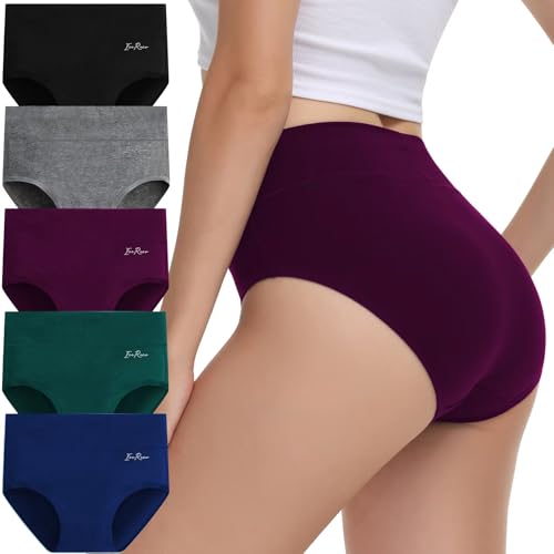IceReco Unterhosen Damen Unterwäsche Damen Bauchweg Unterhose Baumwolle High Waist Slip 5er Pack Sportunterwäsche Panties Briefs Underwear Stretch Atmungsaktiv Weich Schwarz Grau Rot Blau Grün XXL von IceReco