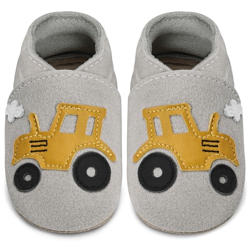 IceUnicorn Baby Lauflernschuhe Krabbelschuhe Baby Mädchen Jungen Lederpuschen Weicher Leder Wildledersohlen Lederschuhe Babys(Grauer Traktor, 0-6 Monate) von IceUnicorn