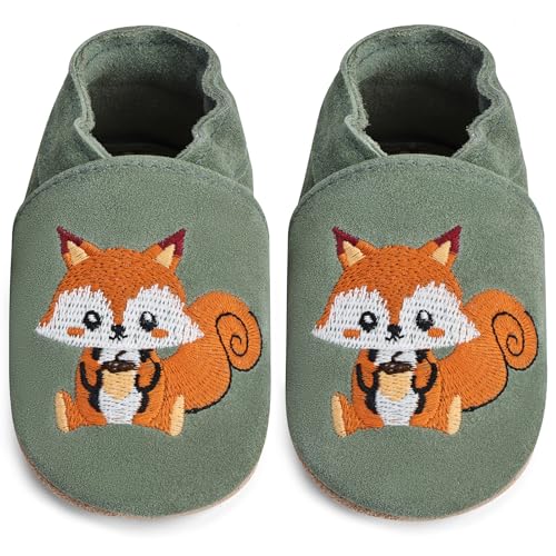IceUnicorn Baby Lauflernschuhe Krabbelschuhe Baby Mädchen Jungen Lederpuschen Weicher Leder Wildledersohlen Lederschuhe Babys(Hellgrüner Fuchs, 12-18 Monate) von IceUnicorn