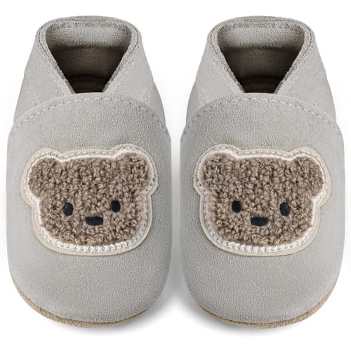 IceUnicorn Baby Lauflernschuhe Krabbelschuhe Baby Mädchen Jungen Lederschuhe Baby Weicher Leder Hausschuhe Baby Wildledersohlen Babyschuhe(Grauer Bär, 12-18 Monate) von IceUnicorn