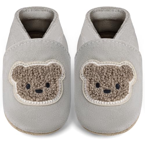 IceUnicorn Baby Lauflernschuhe Krabbelschuhe Baby Mädchen Jungen Lederpuschen Weicher Leder Wildledersohlen Lederschuhe Babys(Grauer Bär, 12-18 Monate) von IceUnicorn