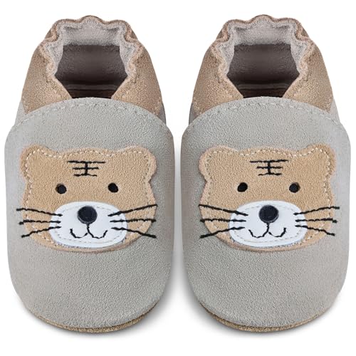 IceUnicorn Baby Lauflernschuhe Krabbelschuhe Baby Mädchen Jungen Lederpuschen Weicher Leder Wildledersohlen Lederschuhe Babys(Hellgrauer Tiger, 0-6 Monate) von IceUnicorn