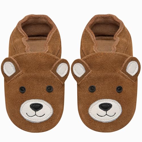 IceUnicorn Baby Lauflernschuhe Krabbelschuhe Baby Mädchen Jungen Lederschuhe Baby Weicher Leder Hausschuhe Baby Wildledersohlen Babyschuhe(Kastanienbär, 12-18 Monate) von IceUnicorn