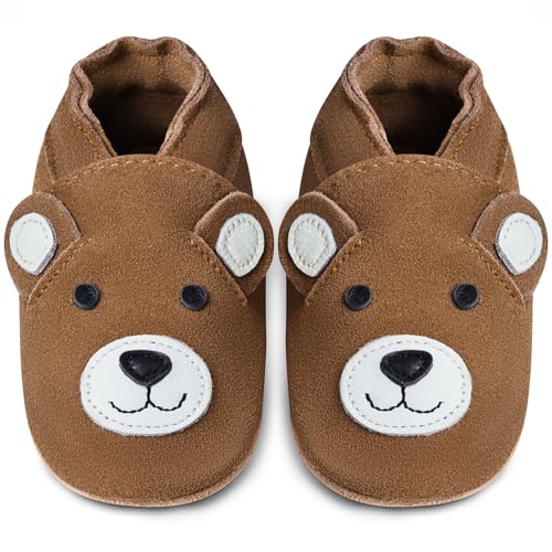 IceUnicorn Baby Lauflernschuhe Krabbelschuhe Baby Mädchen Jungen Lederpuschen Weicher Leder Wildledersohlen Lederschuhe Babys(Kastanienbär, 6-12 Monate) von IceUnicorn