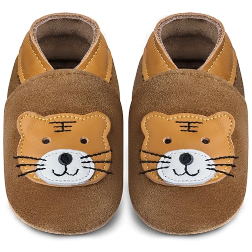 IceUnicorn Baby Lauflernschuhe Krabbelschuhe Baby Mädchen Jungen Lederpuschen Weicher Leder Wildledersohlen Lederschuhe Babys(Kastanientiger, 2-3 Jahre) von IceUnicorn
