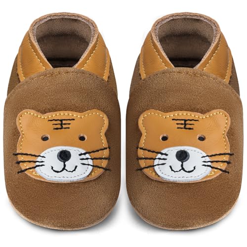 IceUnicorn Baby Lauflernschuhe Krabbelschuhe Baby Mädchen Jungen Lederschuhe Baby Weicher Leder Hausschuhe Baby Wildledersohlen Babyschuhe(Kastanientiger, 6-12 Monate) von IceUnicorn