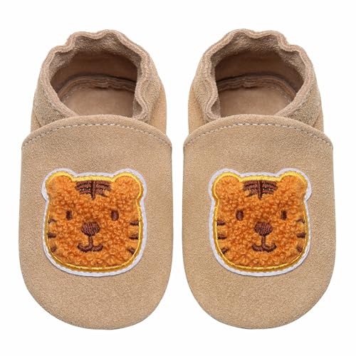 IceUnicorn Baby Lauflernschuhe Krabbelschuhe Baby Mädchen Jungen Lederschuhe Baby Weicher Leder Hausschuhe Baby Wildledersohlen Babyschuhe(Khaki Tiger, 0-6 Monate) von IceUnicorn