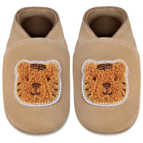 IceUnicorn Baby Lauflernschuhe Krabbelschuhe Baby Mädchen Jungen Lederpuschen Weicher Leder Wildledersohlen Lederschuhe Babys(Khaki Tiger, 12-18 Monate) von IceUnicorn