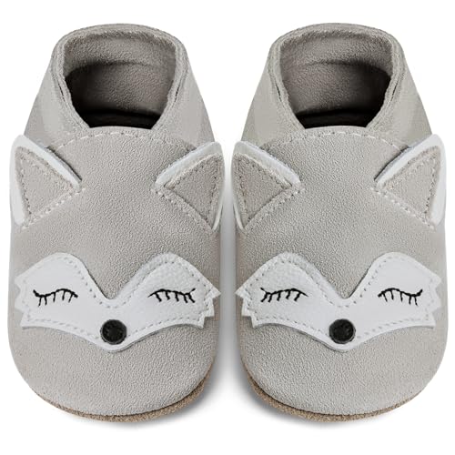 IceUnicorn Baby Lauflernschuhe Krabbelschuhe Baby Mädchen Jungen Lederpuschen Weicher Leder Wildledersohlen Lederschuhe Babys(NR Graufuchs, 0-6 Monate) von IceUnicorn