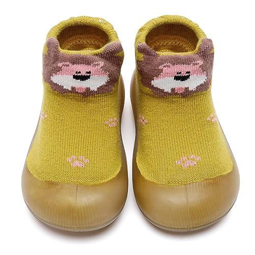 IceUnicorn Baby Sockenschuhe Krabbelsocken Baby Barfußschuhe Lauflernschuhe Baby Mädchen Junge Rutschfeste Cartoon Weicher Stricken Sockenschuhe(Gelber Löwe, 12-18 Monate) von IceUnicorn