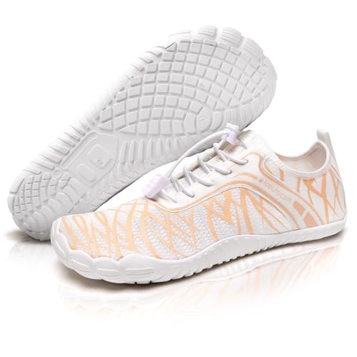 IceUnicorn Barfuss Schuhe Damen Walkingschuhe Barfußschuhe Herren Anfänger Bequeme Atmungsaktiv Gesunde (OrangeWeiß, 38EU) von IceUnicorn