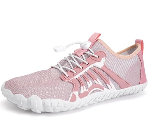 IceUnicorn Barfußschuhe Damen Herren Breite Traillaufschuhe Zehenschuhe Unisex Schwimmschuhe Strandschuhe Aquaschuhe(Pink Weiß, 42EU) von IceUnicorn