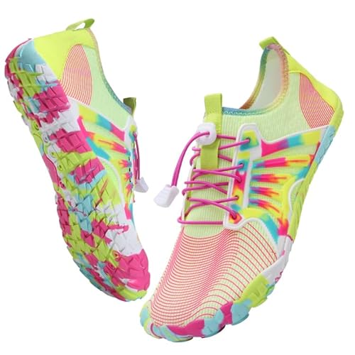 IceUnicorn Barfußschuhe Damen Herren Breite Traillaufschuhe Zehenschuhe Unisex Schwimmschuhe Strandschuhe Aquaschuhe(Gelb Rosa, 40EU) von IceUnicorn