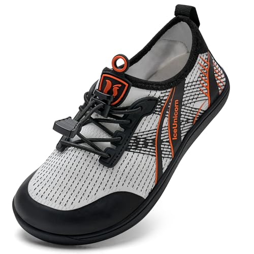 IceUnicorn Barfussschuhe Kinder Breite Badeschuhe Junge Mädchen Strandschuhe Aquaschuhe Barfußschuhe rutschfest Wasserschuhe(Weiß Orange, 26EU Weit) von IceUnicorn