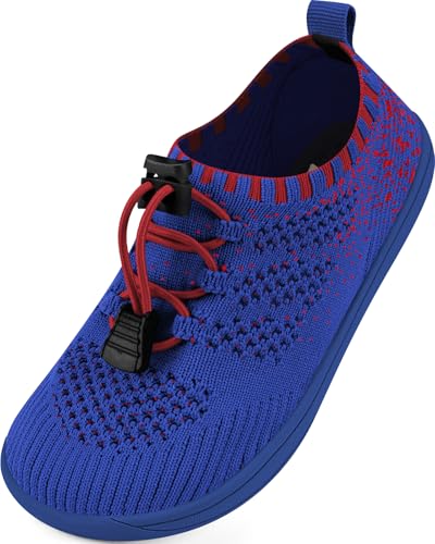 IceUnicorn Barfußschuhe Kinder Breite Zehenbox Knit Jungen Mädchen Hausschuhe Minimal Kleinkind Walking Schuhe Minimalistische Atmungsaktiv(Blau Rot, 28EU Weit) von IceUnicorn