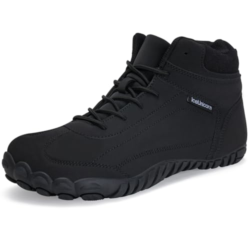 IceUnicorn Barfußschuhe Winter Warm Gefüttert Winterstiefel Winterschuhe Damen Herren(Leder Schwarz,45EU) von IceUnicorn