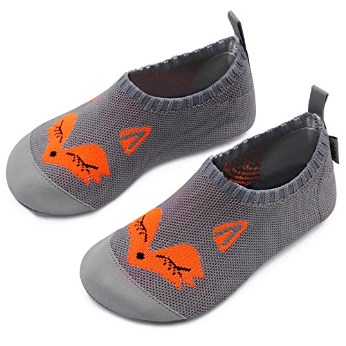 IceUnicorn Hausschuhe Kinder Atmungsaktive Pantoffeln Leicht rutschfest Kleinkinder Hüttenschuhe Jungen Mädchen Slippers(Grau Orange,32/33EU) von IceUnicorn